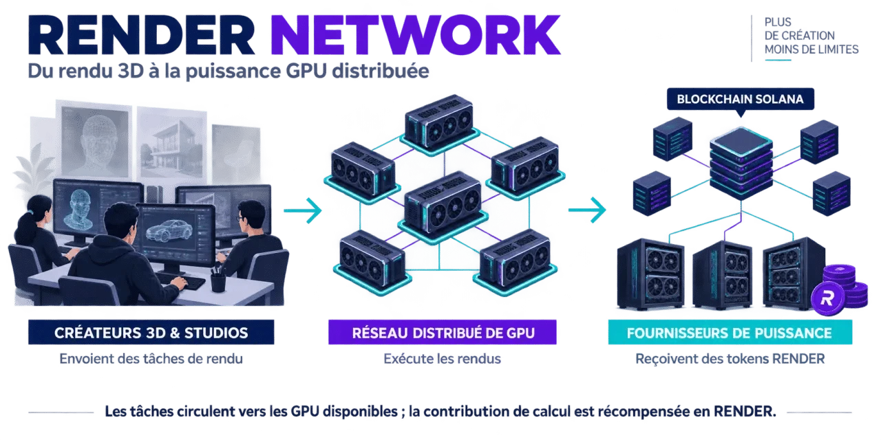 Render crypto : schéma du réseau décentralisé de GPU et du fonctionnement du token RENDER