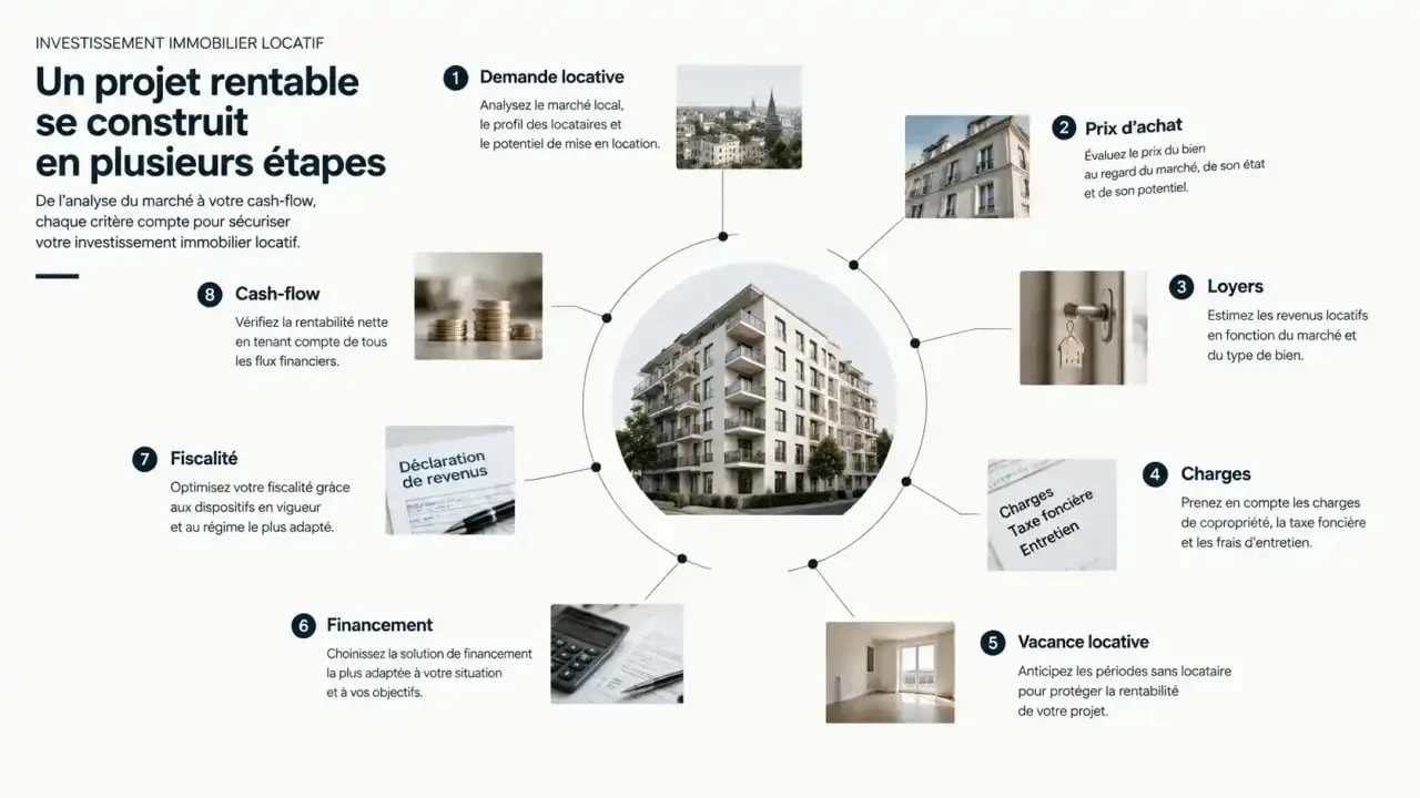 Infographie sur l investissement immobilier locatif intelligent, du rendement au cash-flow