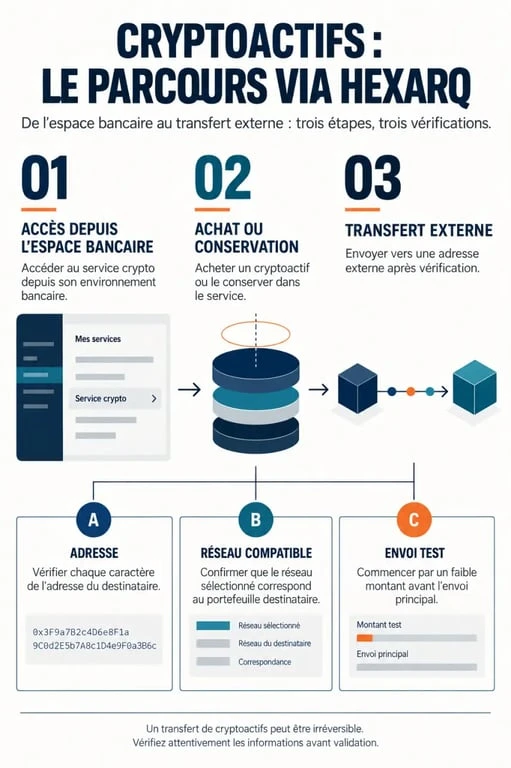 Parcours BPCE crypto avec Hexarq, de l’achat au transfert externe sécurisé