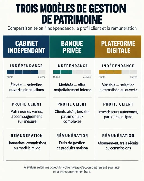 Comparatif des modèles de société de conseil en gestion de patrimoine : indépendant, banque privée et digital