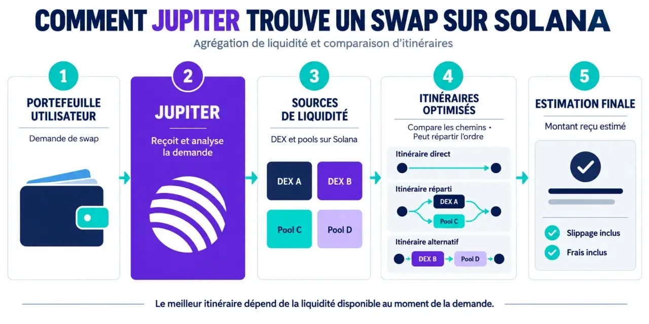 Schéma du routage des swaps de Jupiter crypto entre plusieurs DEX sur Solana