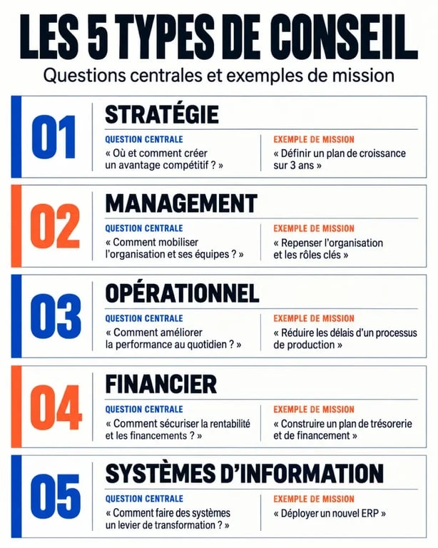 Conseil en stratégie et différences entre conseil en management, opérationnel, financier et systèmes d'information