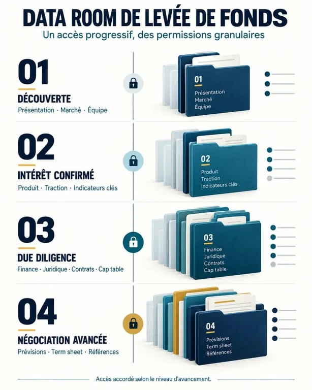 Infographie sur l'organisation d'une data room levée de fonds et l'ouverture progressive des accès