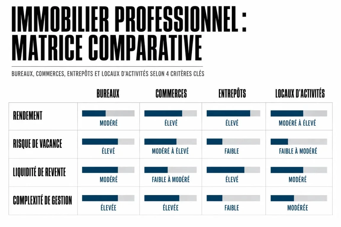 Investissement immobilier professionnel : comparaison visuelle des bureaux, commerces, entrepôts et locaux d’activités