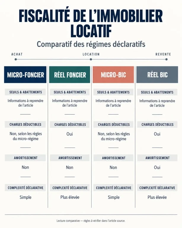 Infographie comparative de la fiscalité immobilier locatif entre micro-foncier, réel foncier, micro-BIC et réel BIC