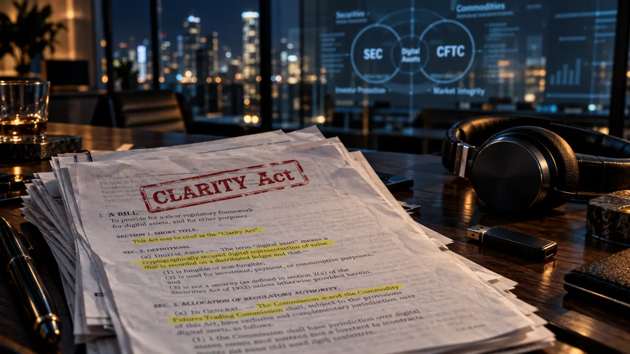 CLARITY Act crypto : schéma SEC/CFTC sur fond de documents en bureau fintech