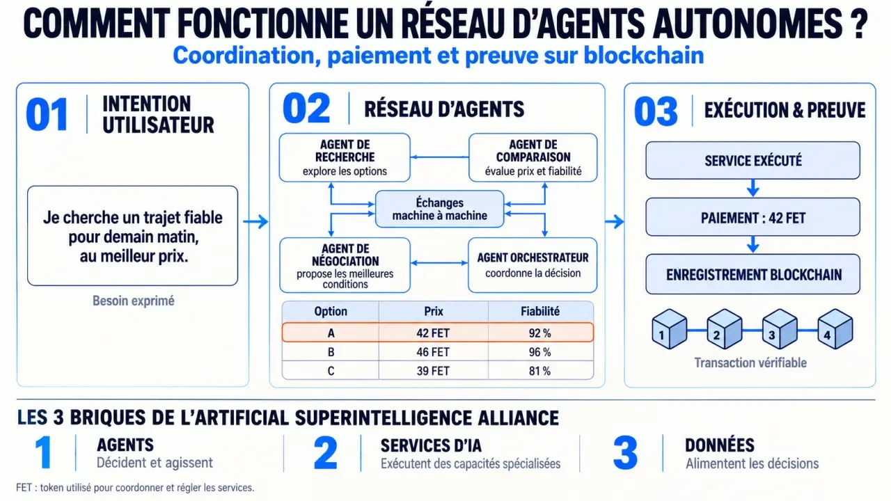 Schéma explicatif du fonctionnement de FET crypto, des agents autonomes et de l’alliance ASI