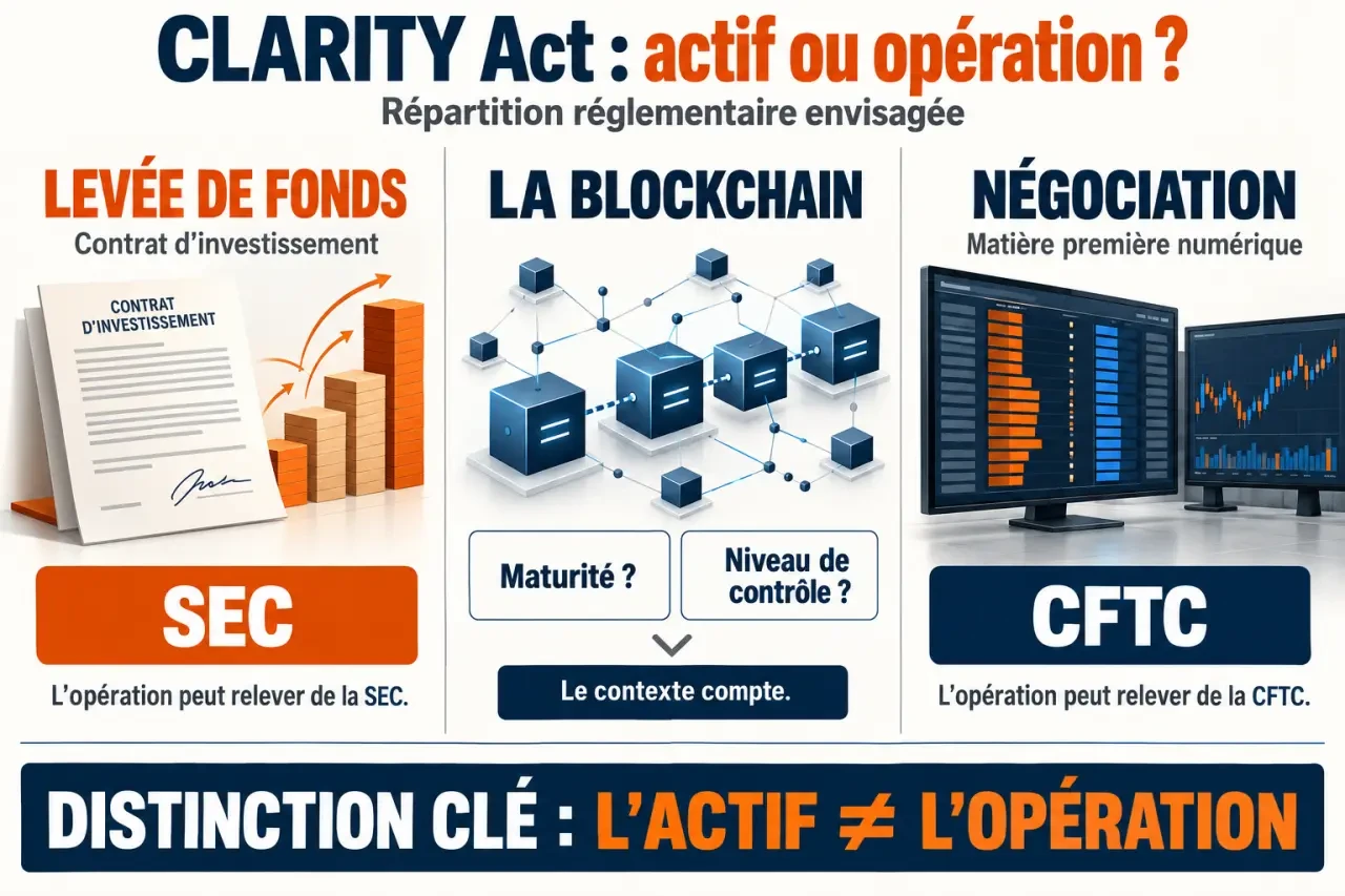 Infographie sur le CLARITY Act crypto et la répartition des rôles entre la SEC et la CFTC