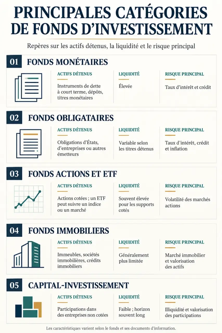 Infographie comparative des principales catégories de fonds d’investissement, de leur liquidité et de leurs risques