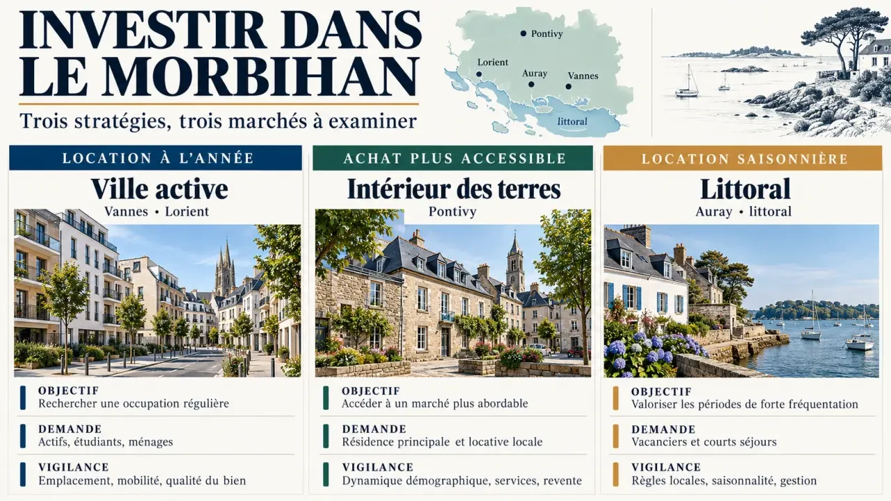 Infographie sur l’investissement immobilier Morbihan selon les stratégies résidentielle, intérieure et littorale